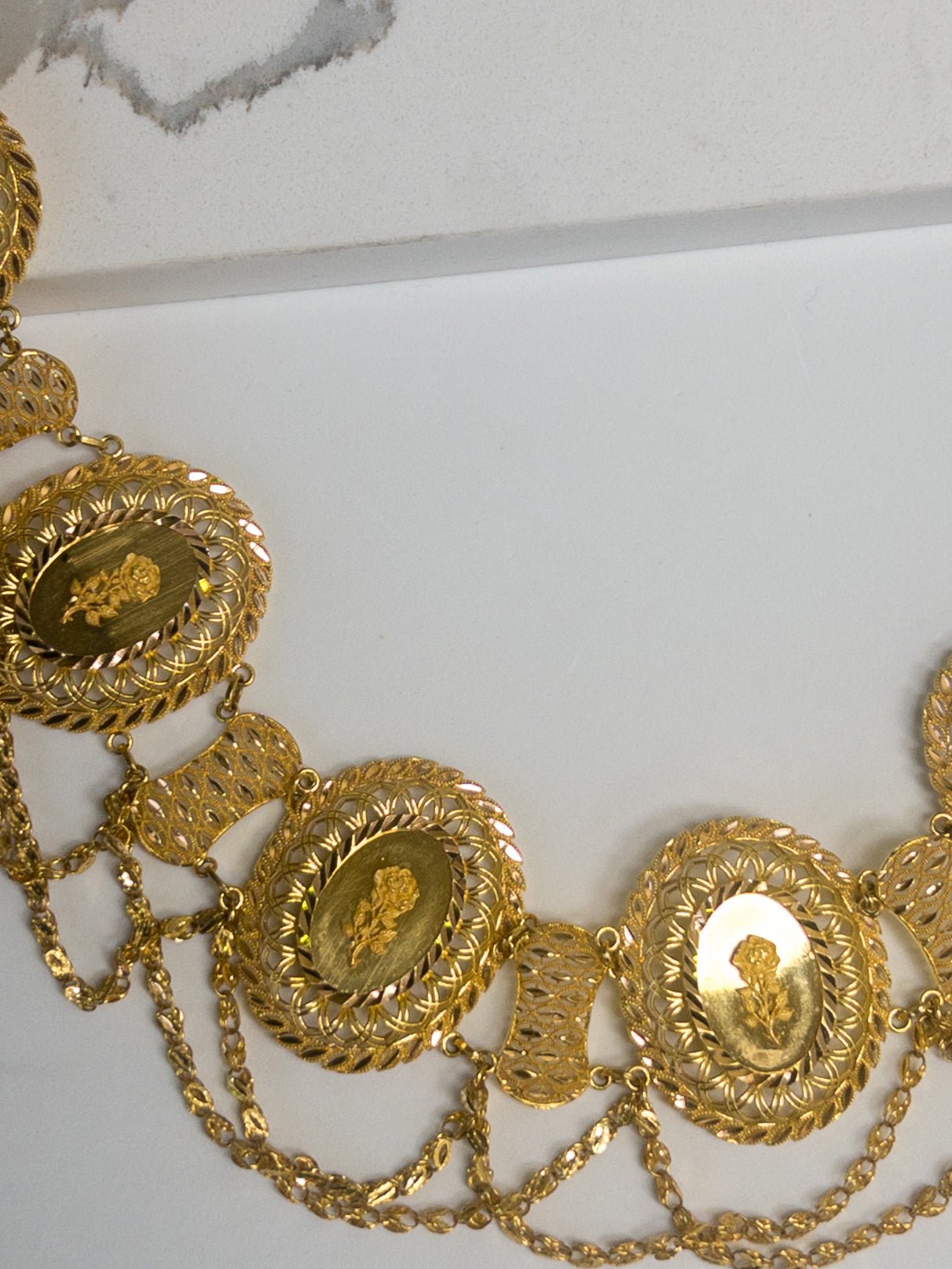 Egyptian Gold Coin Belt with Crescent Pendants and Chain Drapes at